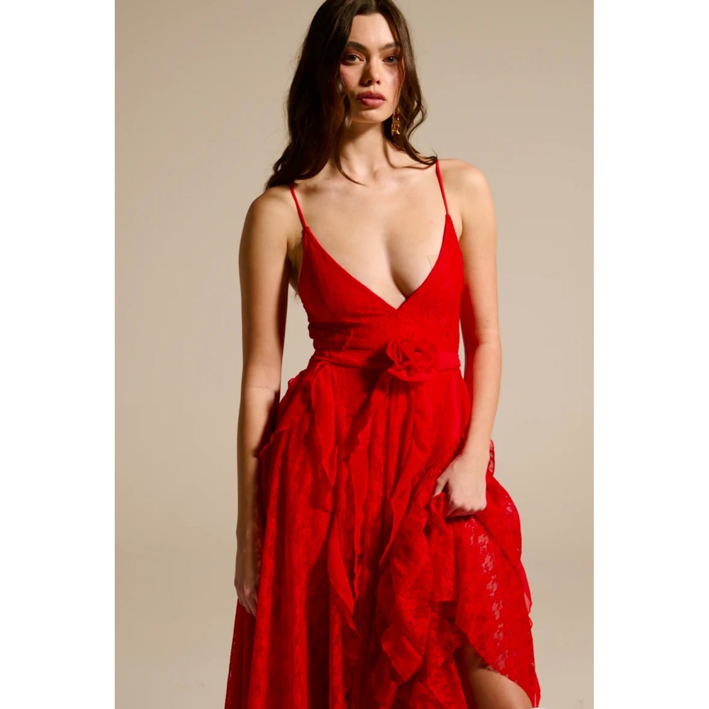 Red Lace Maxi Prom Dress Deep V Ruffle Sash Necklace Tie Party Formal Sold Out - Picture 10 of 11